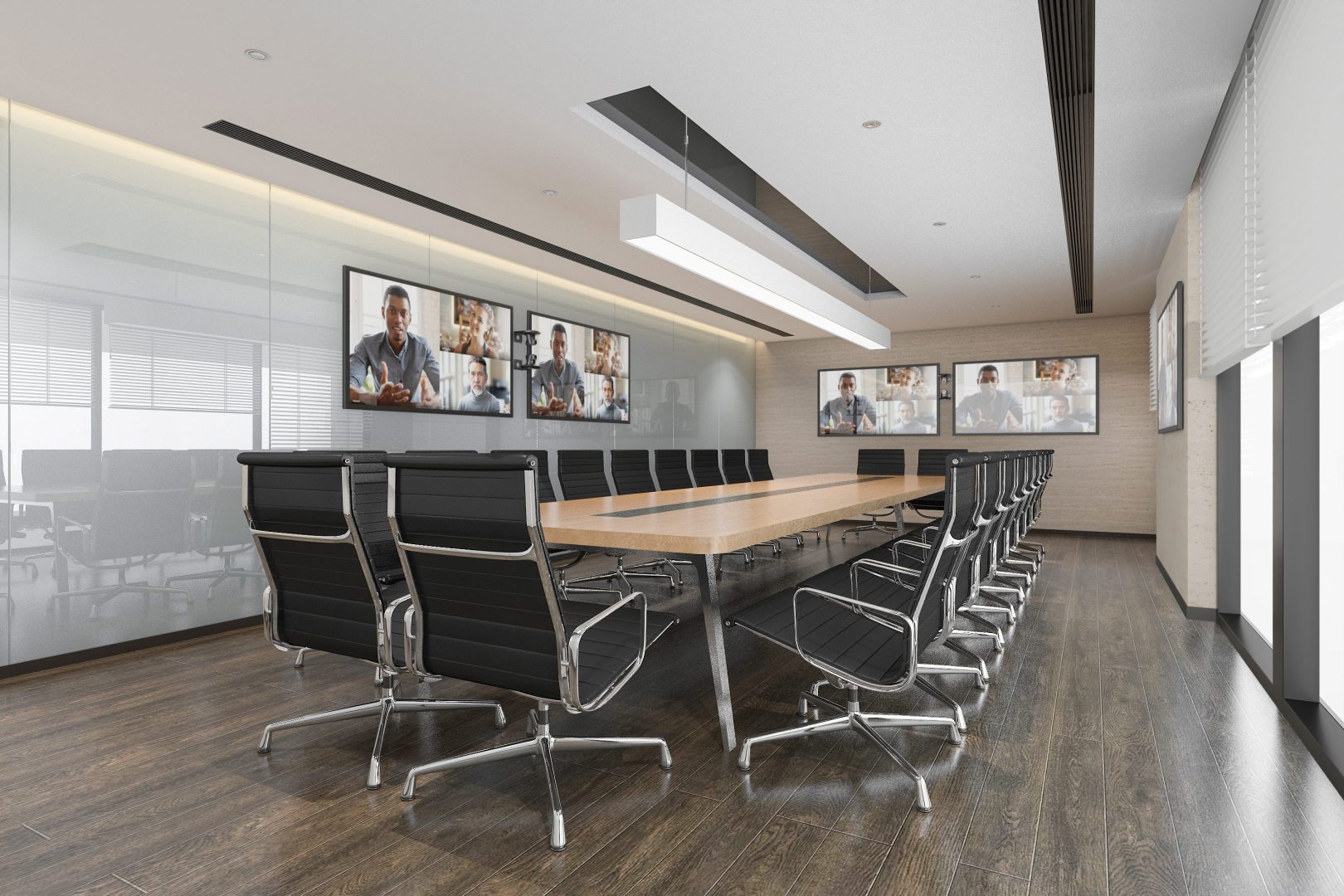 Modern conference room with integrated AV technology, auto-framing camera, and touch-panel control system